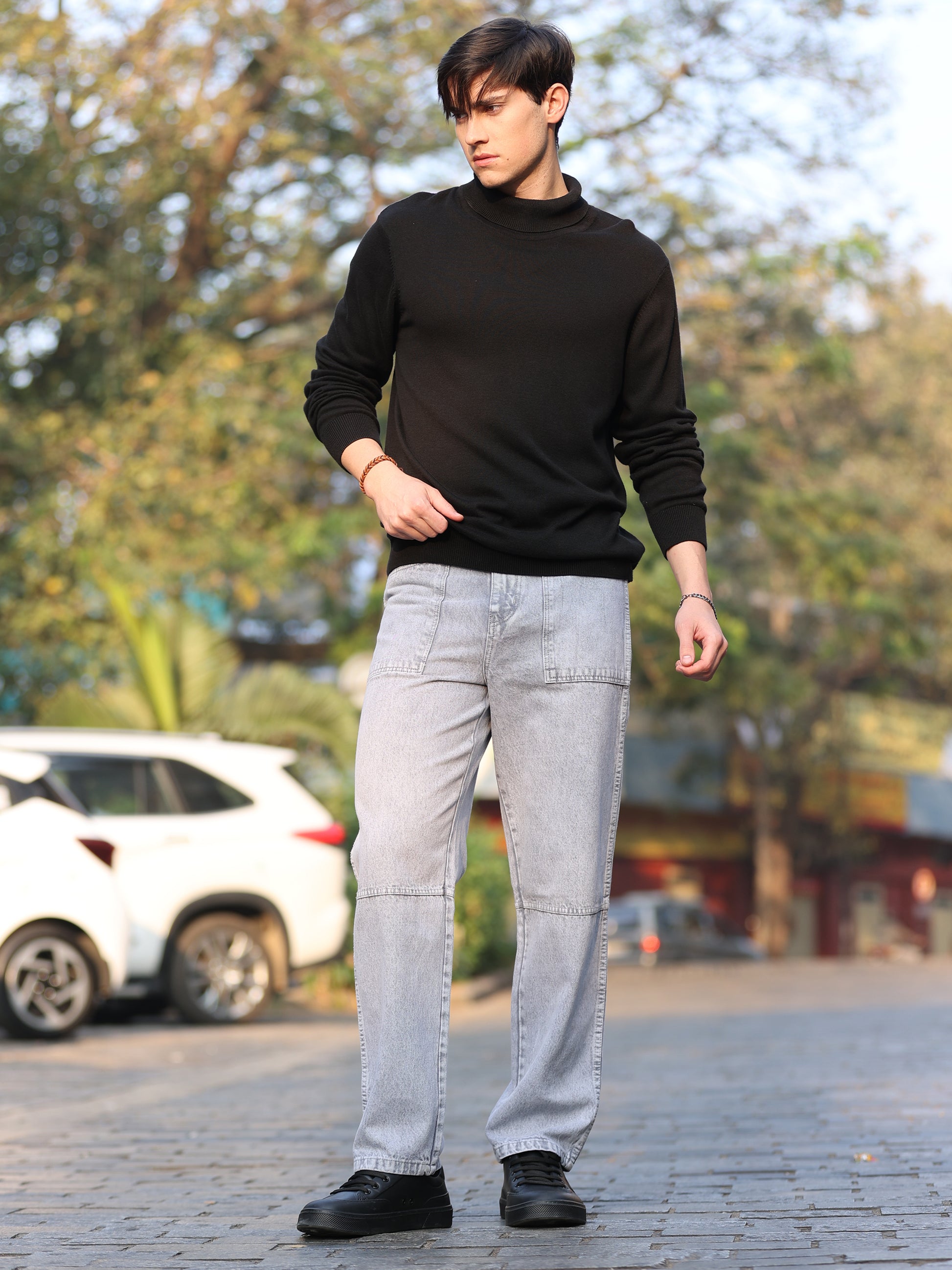 Trendy men's grey denim pants with classic five pocket design