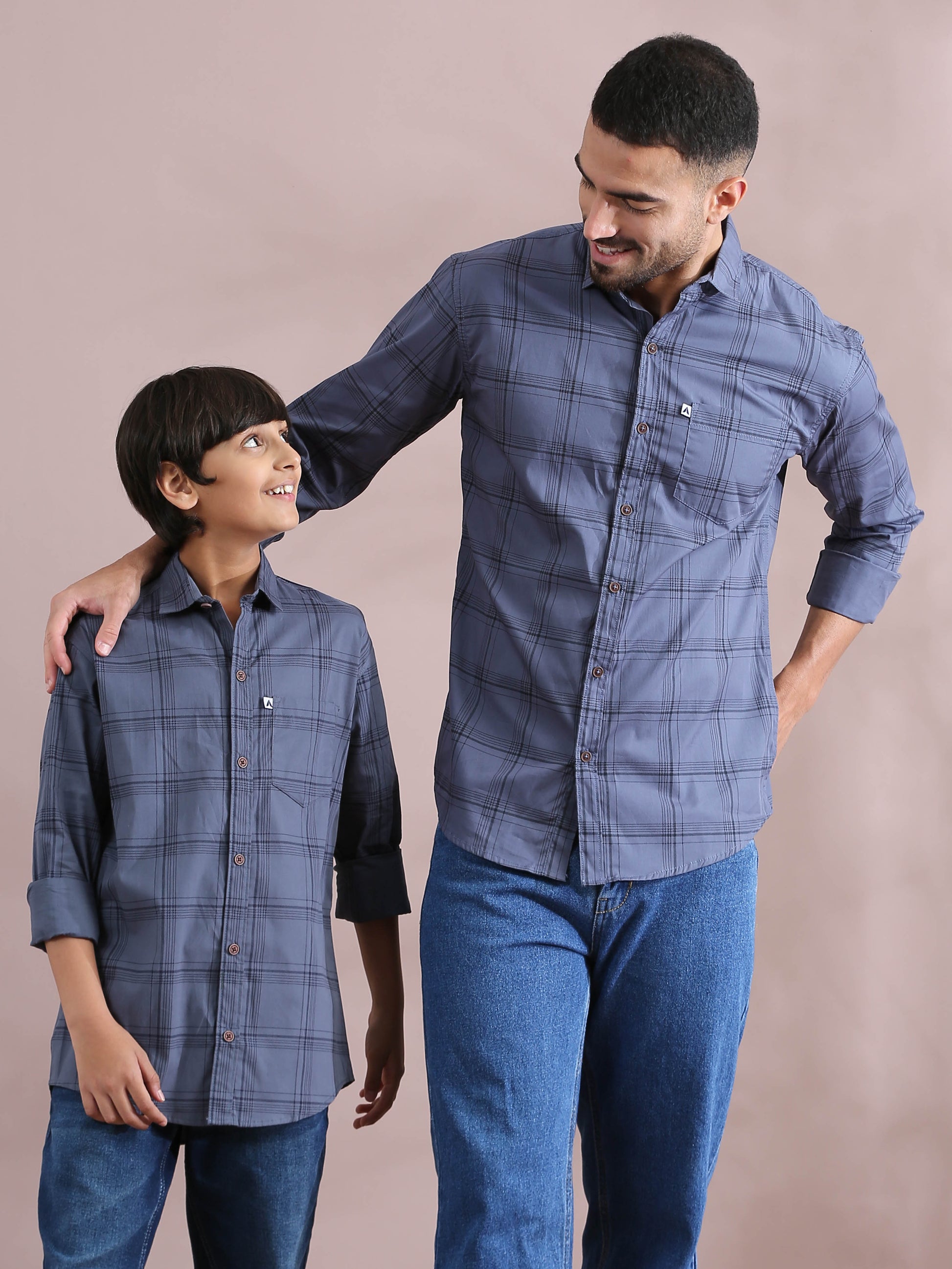 6line Grey Check Matching Father Son Outfit Shirt Combo