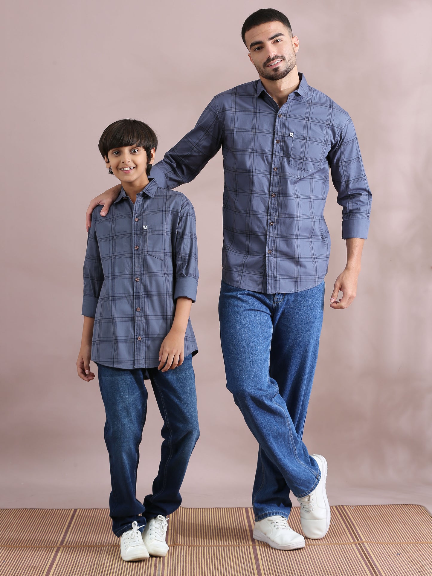 6line Grey Check Matching Father Son Outfit Shirt Combo