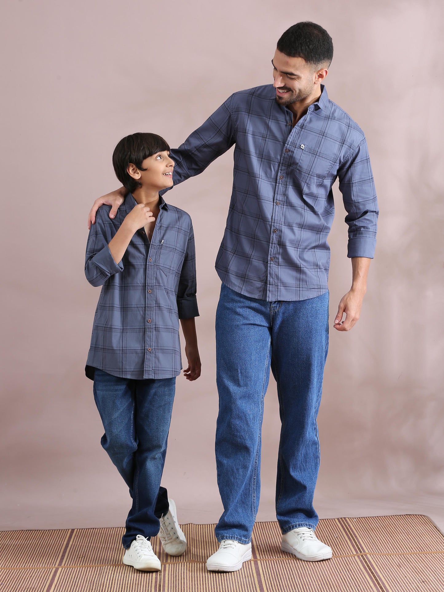 6line Grey Check Matching Father Son Outfit Shirt Combo