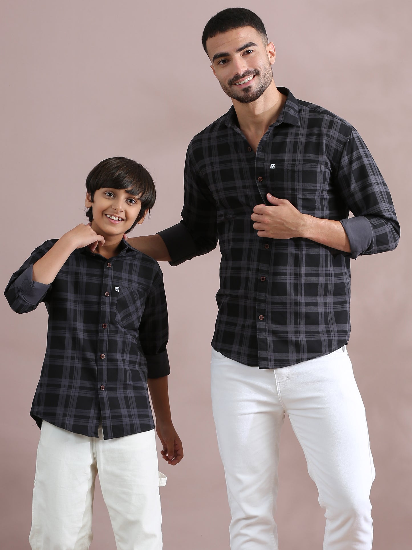 Grey Cotton Blend Father And Son Check Shirts