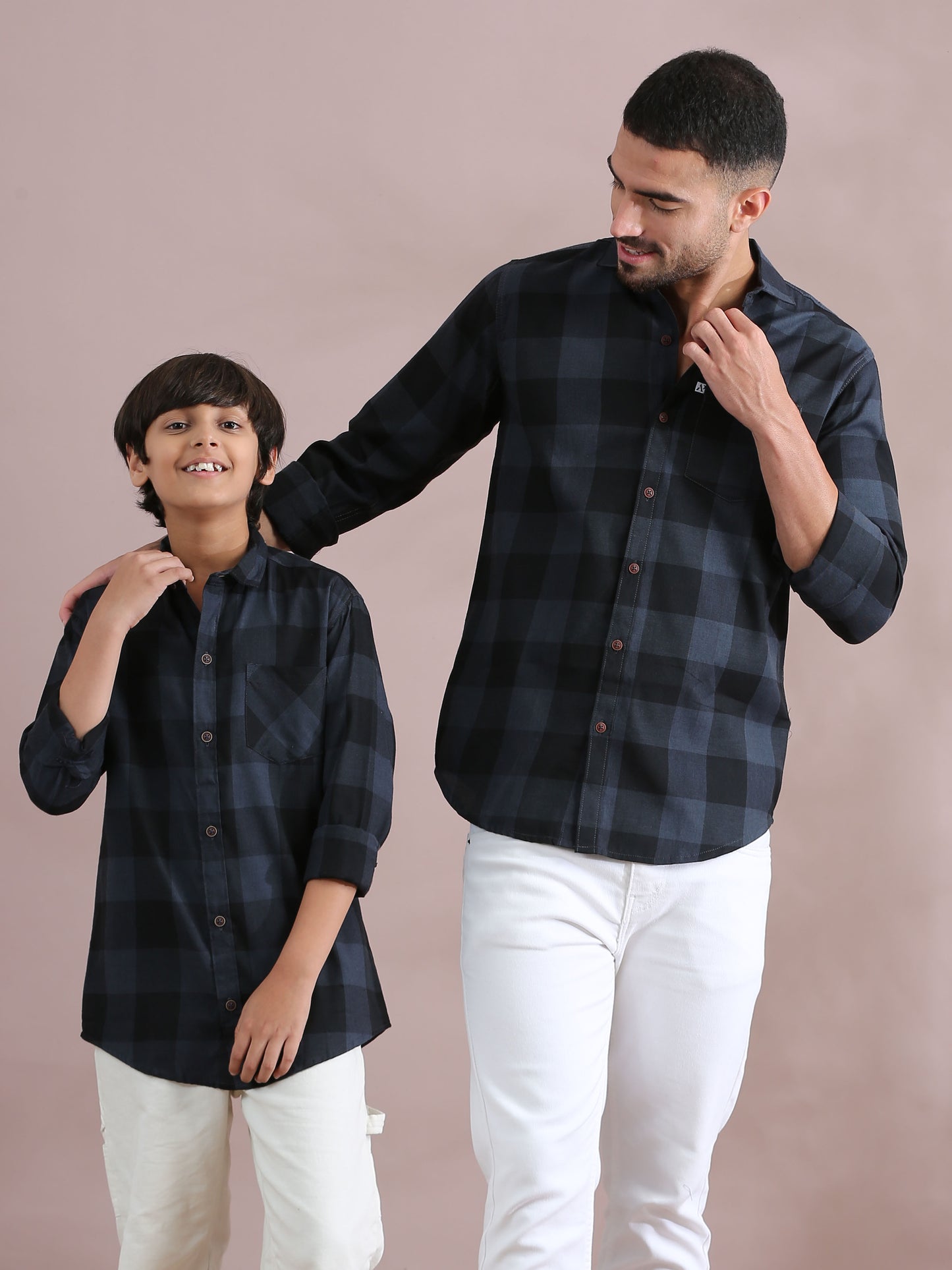  Tomtom Grey Checked Father And Son Shirts Combo