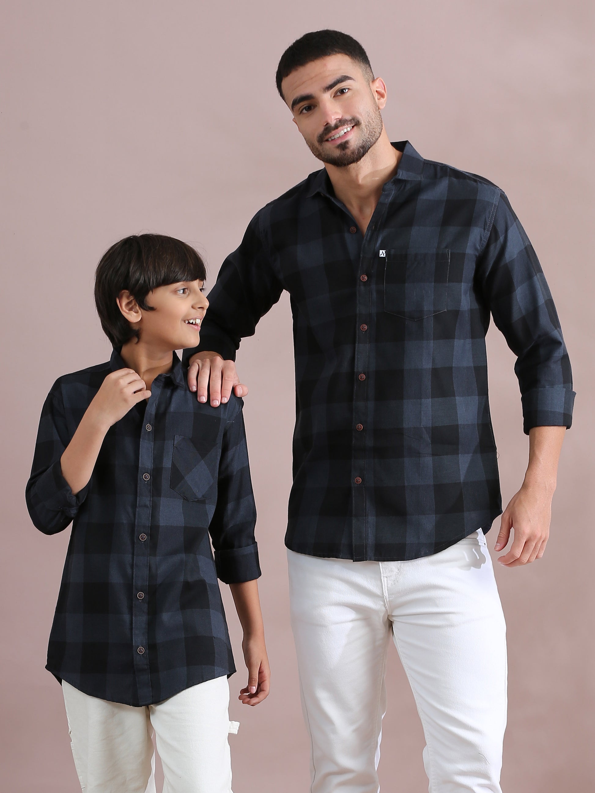  Tomtom Grey Checked Father And Son Shirts Combo