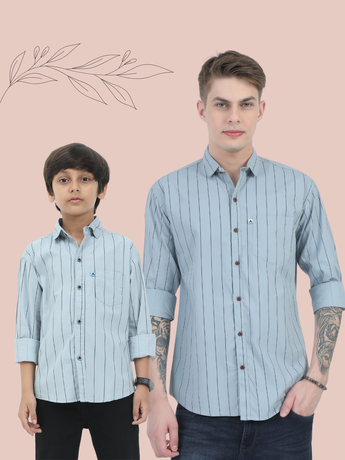 Two individuals wearing matching light blue striped shirts on a pink background