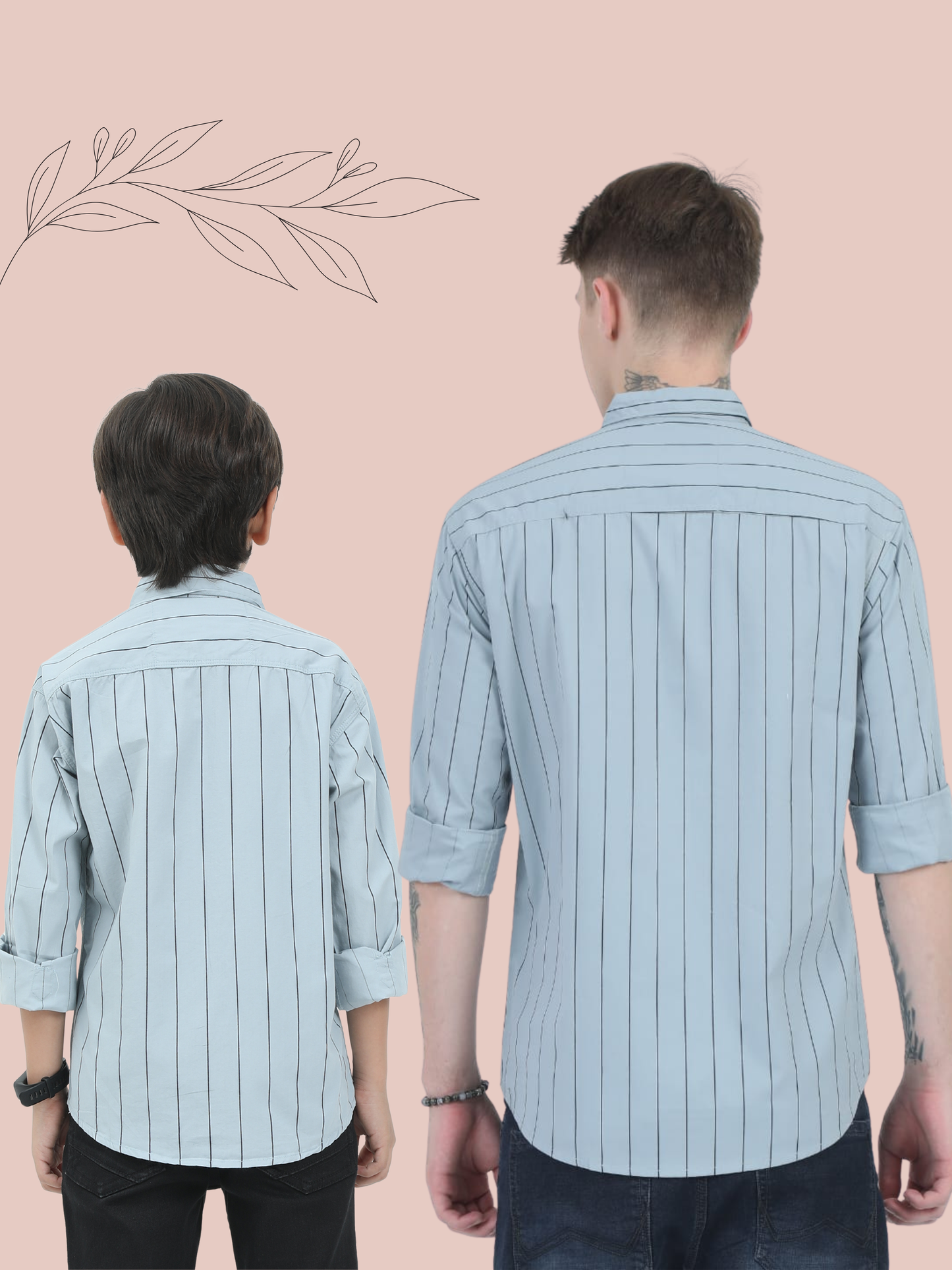 Light blue striped shirt worn by two people, one facing forward and one facing backward, on a pink background.