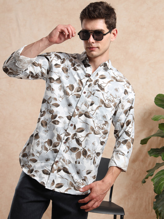 Men Grey Floral Print Casual Shirt with Full Sleeves