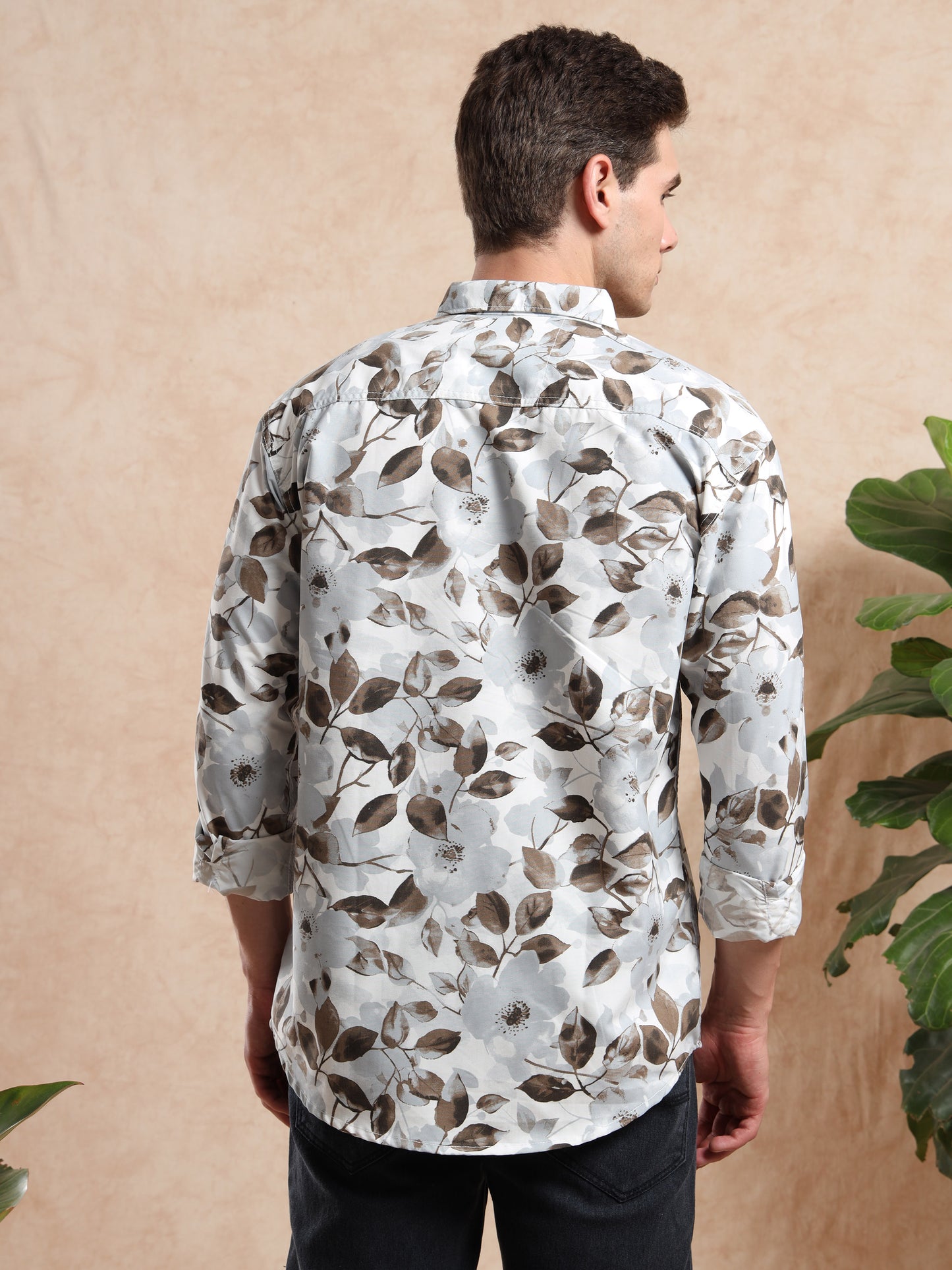 Men, Ash Grey Floral Print Shirt