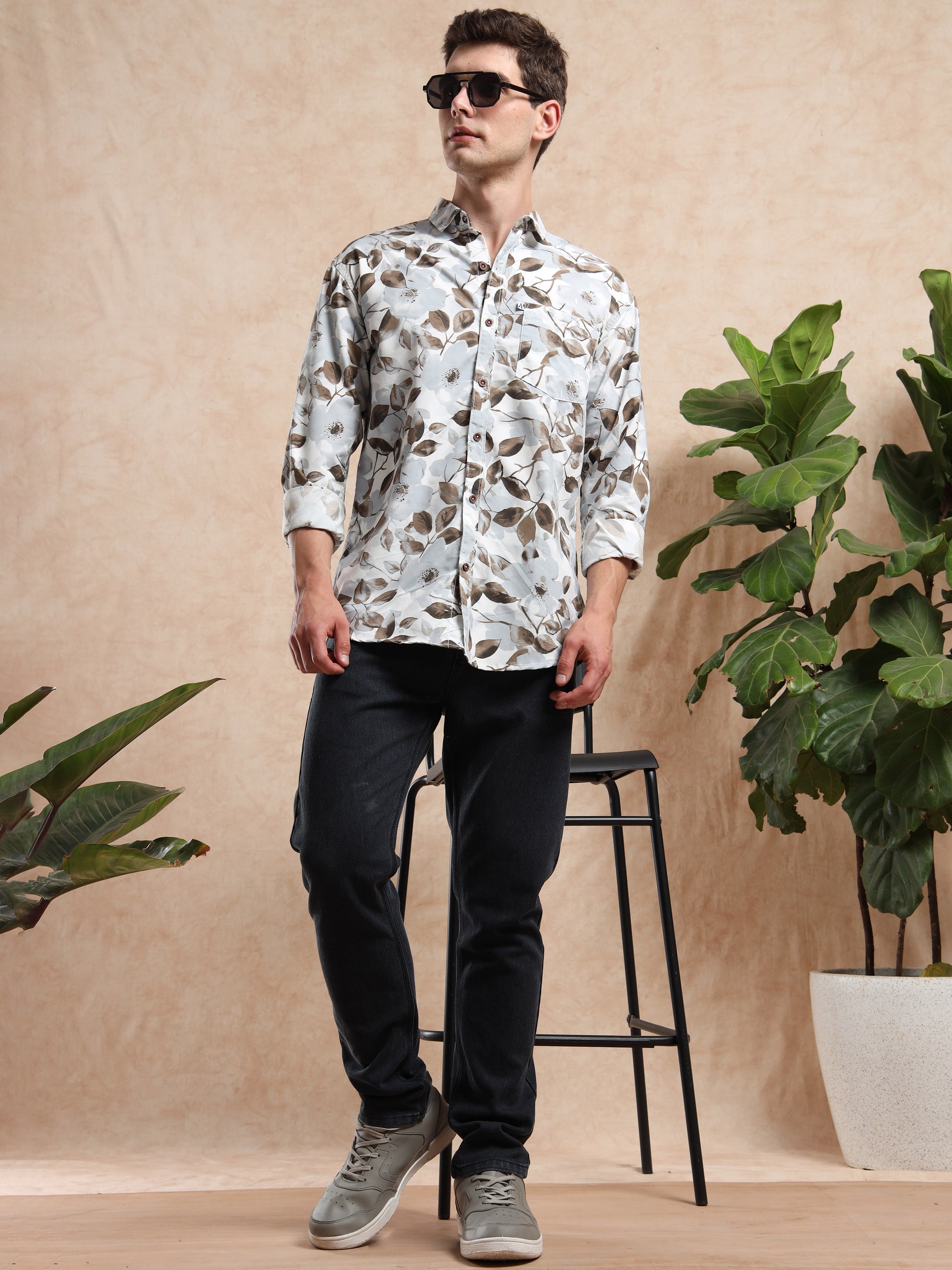 Men, Grey Floral Shirt Paired with Black Jeans and Sneakers
