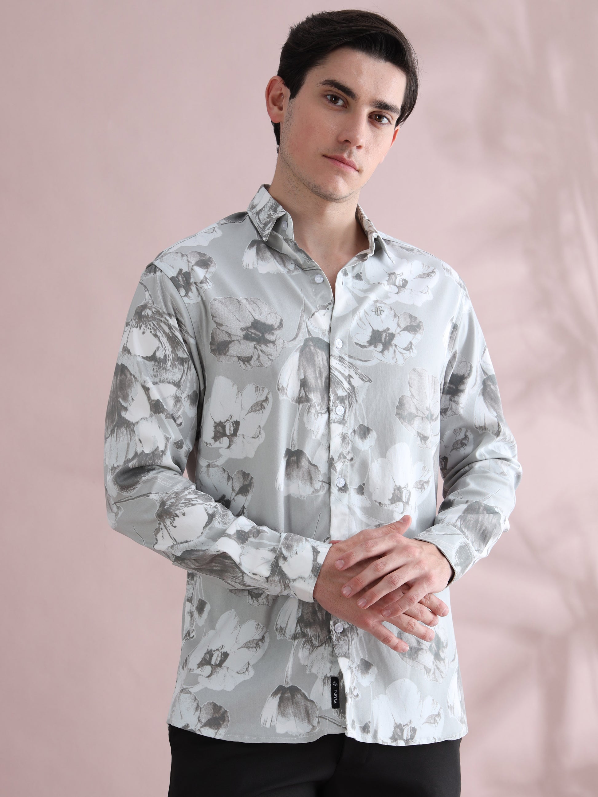 Full Sleeve Grey Printed Lycra Shirt for Men