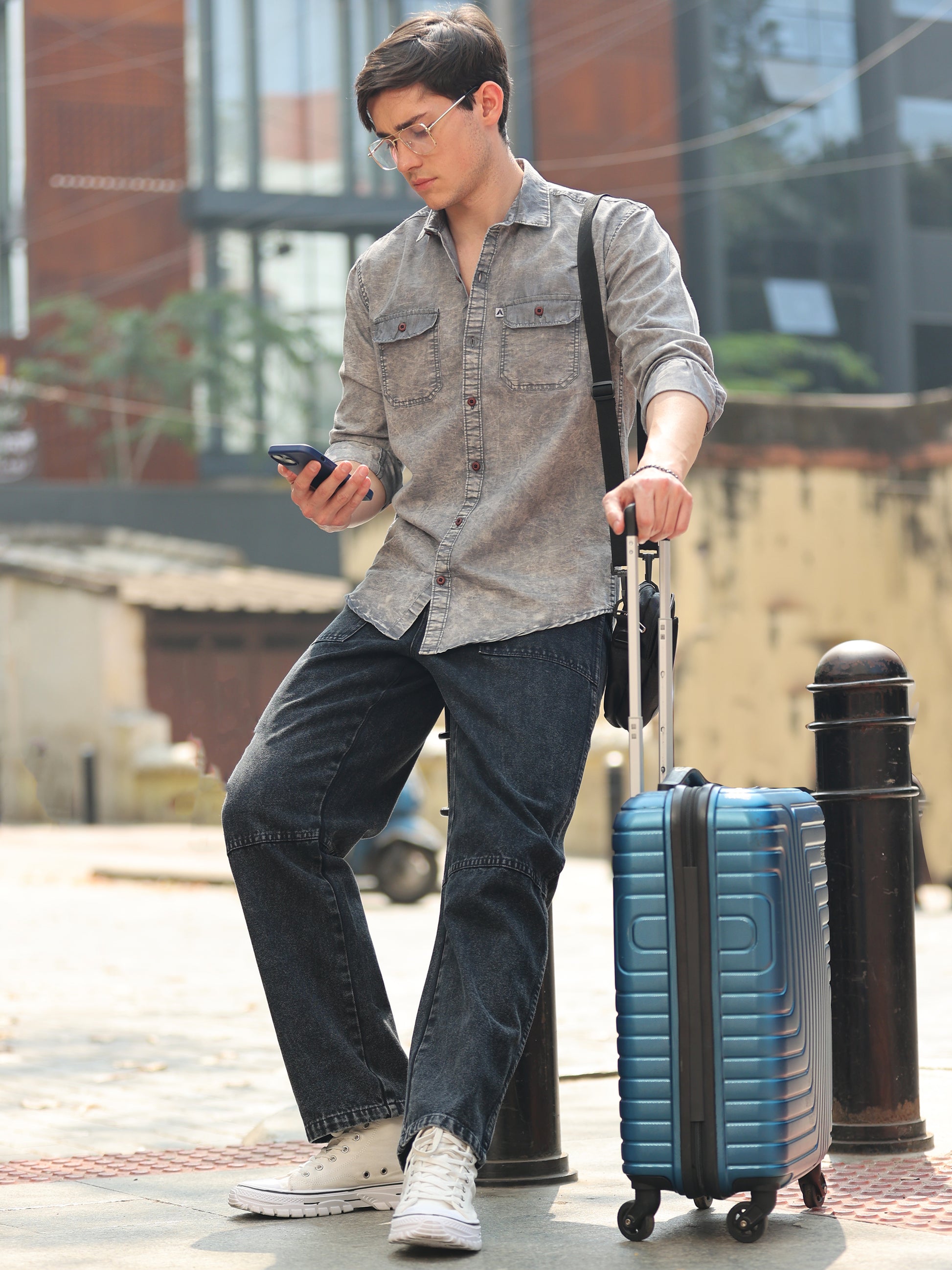 Men's full sleeve grey shirt with front pockets and soft faded finish
