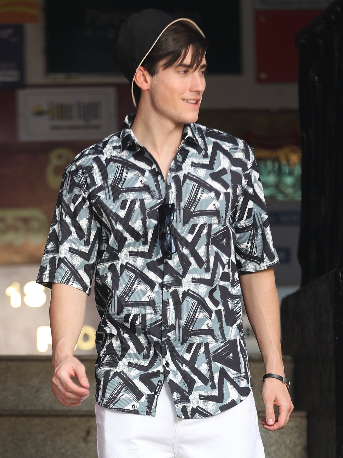 Men's black and grey abstract printed shirt with short sleeves and modern design