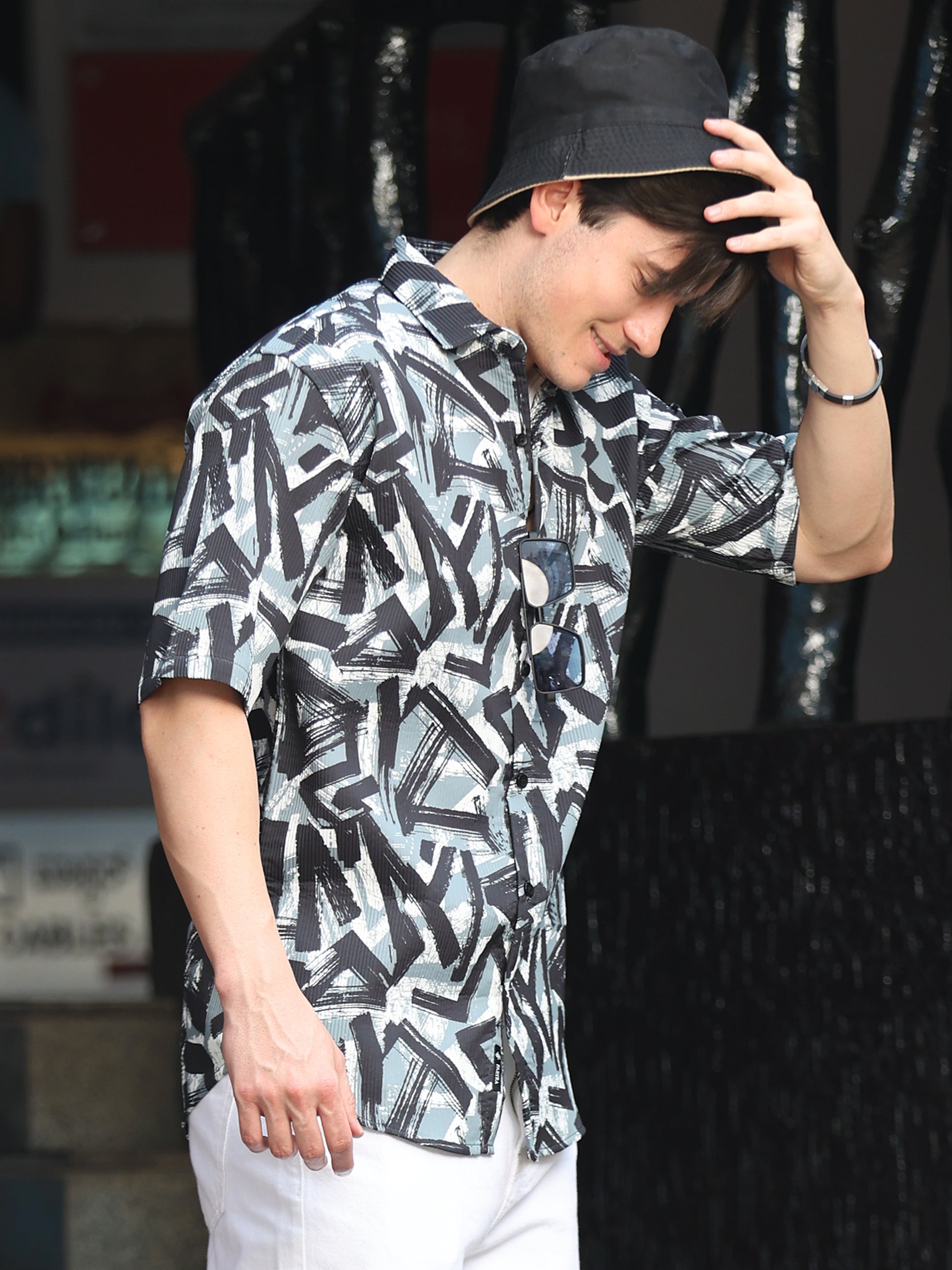 Trendy men's black white printed shirt with bold abstract pattern