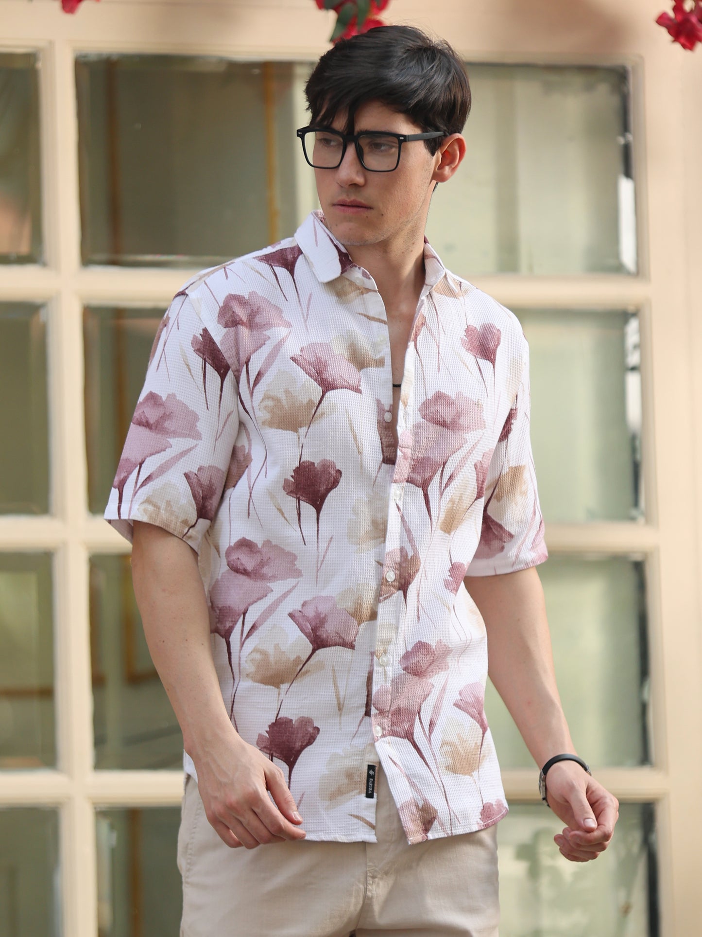 Men's white floral printed shirt with pink and beige pattern summer look
