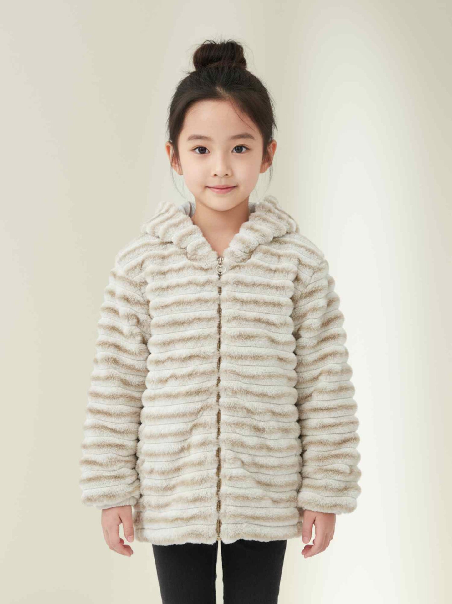 a cream faux fur hooded jacket with ribbed texture, winter wear for kids.