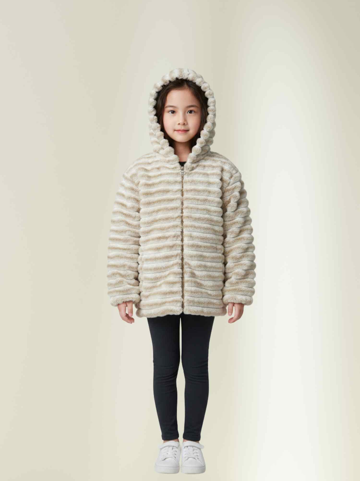 cream faux fur hooded jacket, warm winter coat for kids.