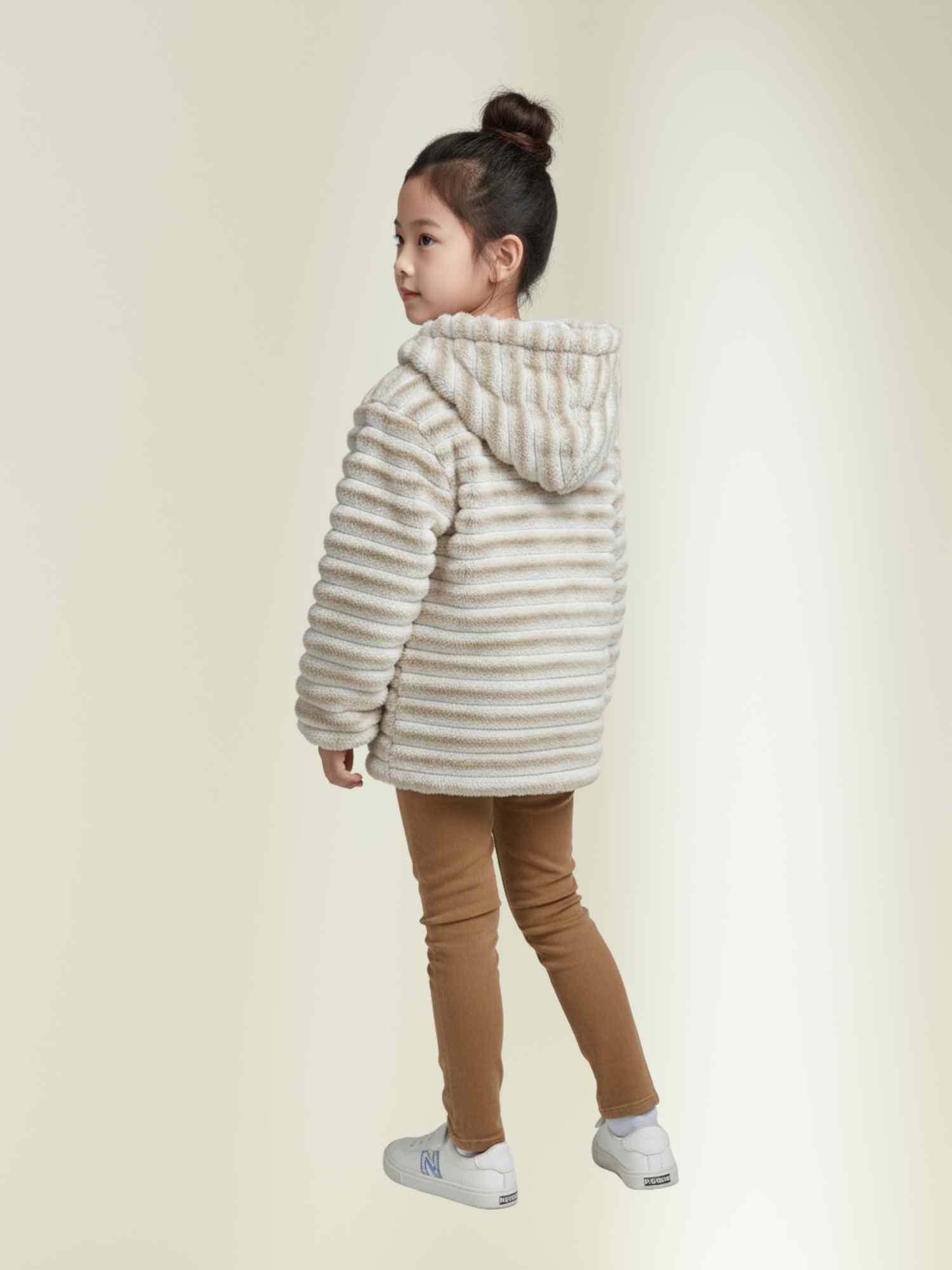 cream fur hooded jacket for girls, ribbed stripes, warm winter clothing for children.
