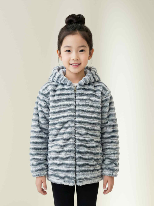 grey faux fur hooded winter jacket with zipper open and hands in pockets, kids cozy winter wear.
