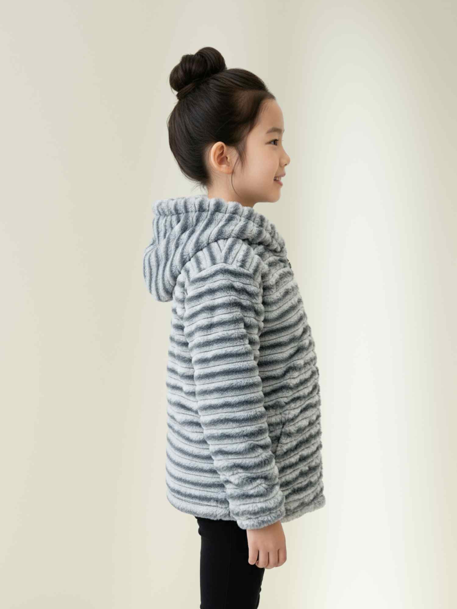 grey ribbed faux fur hooded jacket, plush winter coat for children.