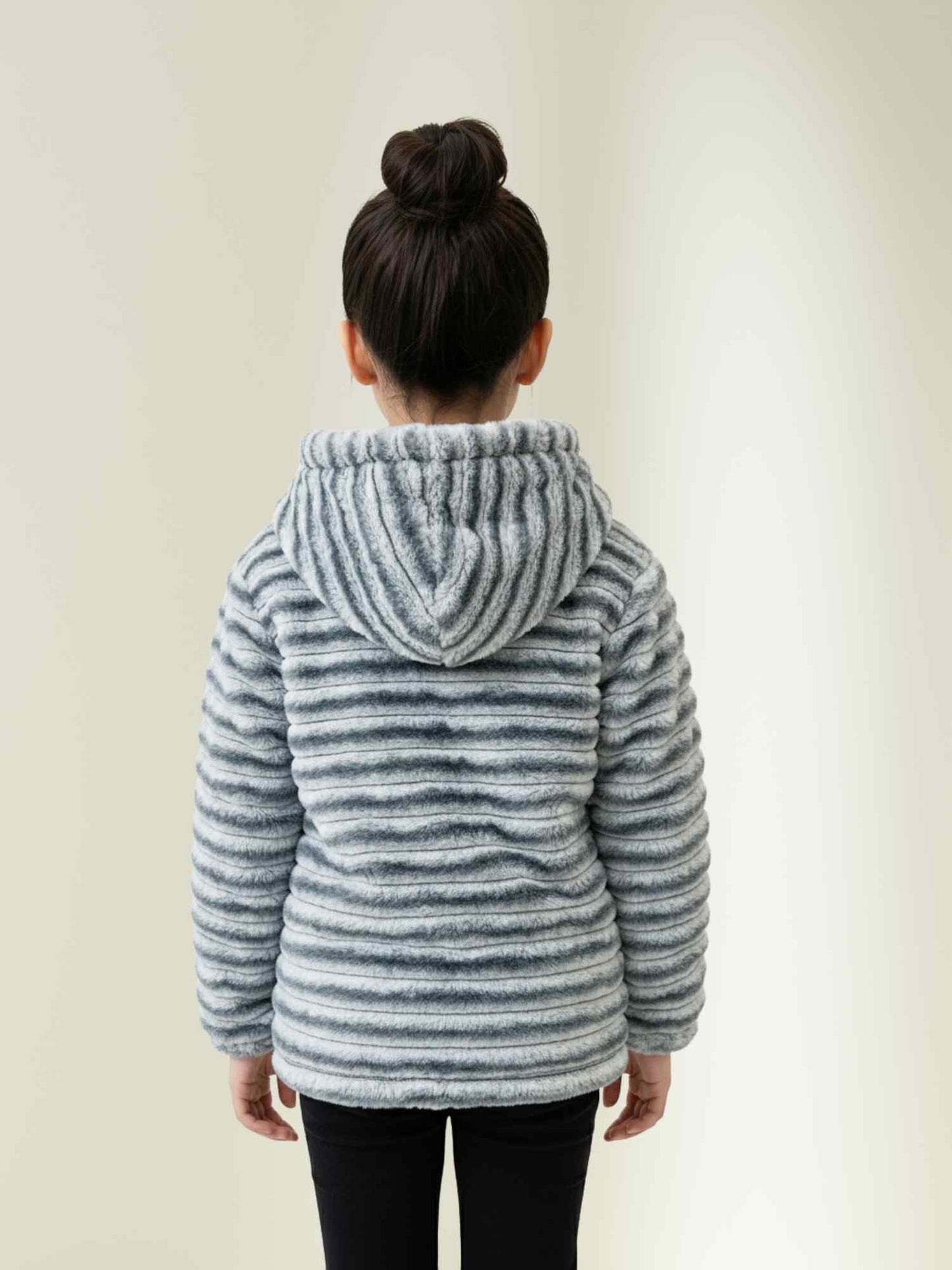 grey plush hooded fur jacket, soft ribbed texture, winter clothing for kids.