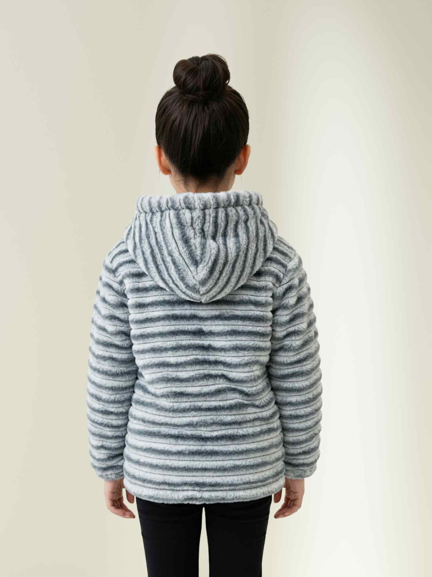 grey plush hooded fur jacket, soft ribbed texture, winter clothing for kids.