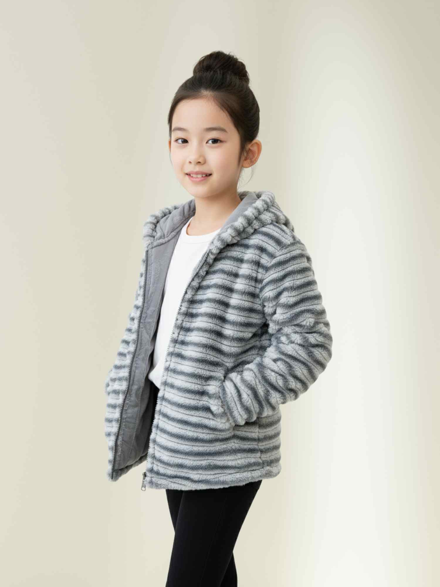 grey faux fur hooded jacket, warm winter wear for kids.