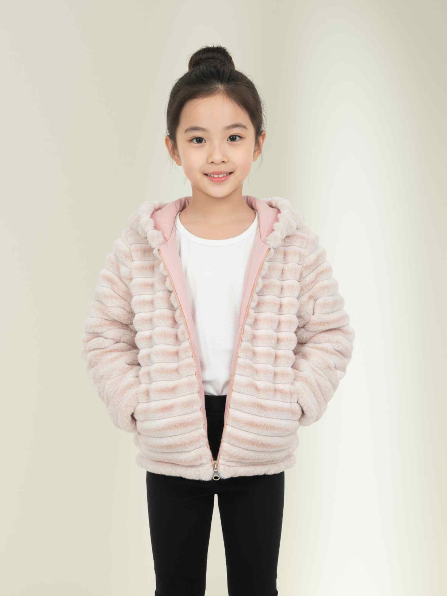 pink fur hooded jacket with ribbed texture, black leggings,