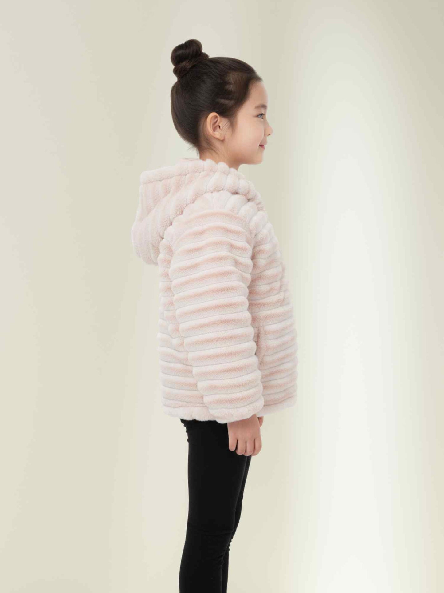 pink ribbed fur hoodie jacket and black leggings