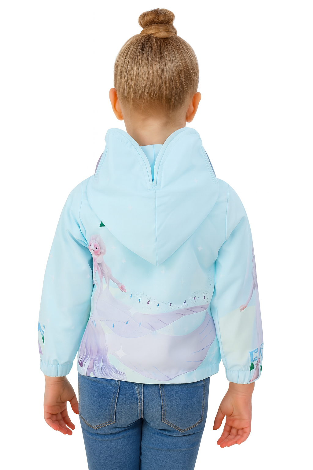 Back view of girls aqua blue hooded winter jacket with Frozen Fever character print, lightweight kids winter wear