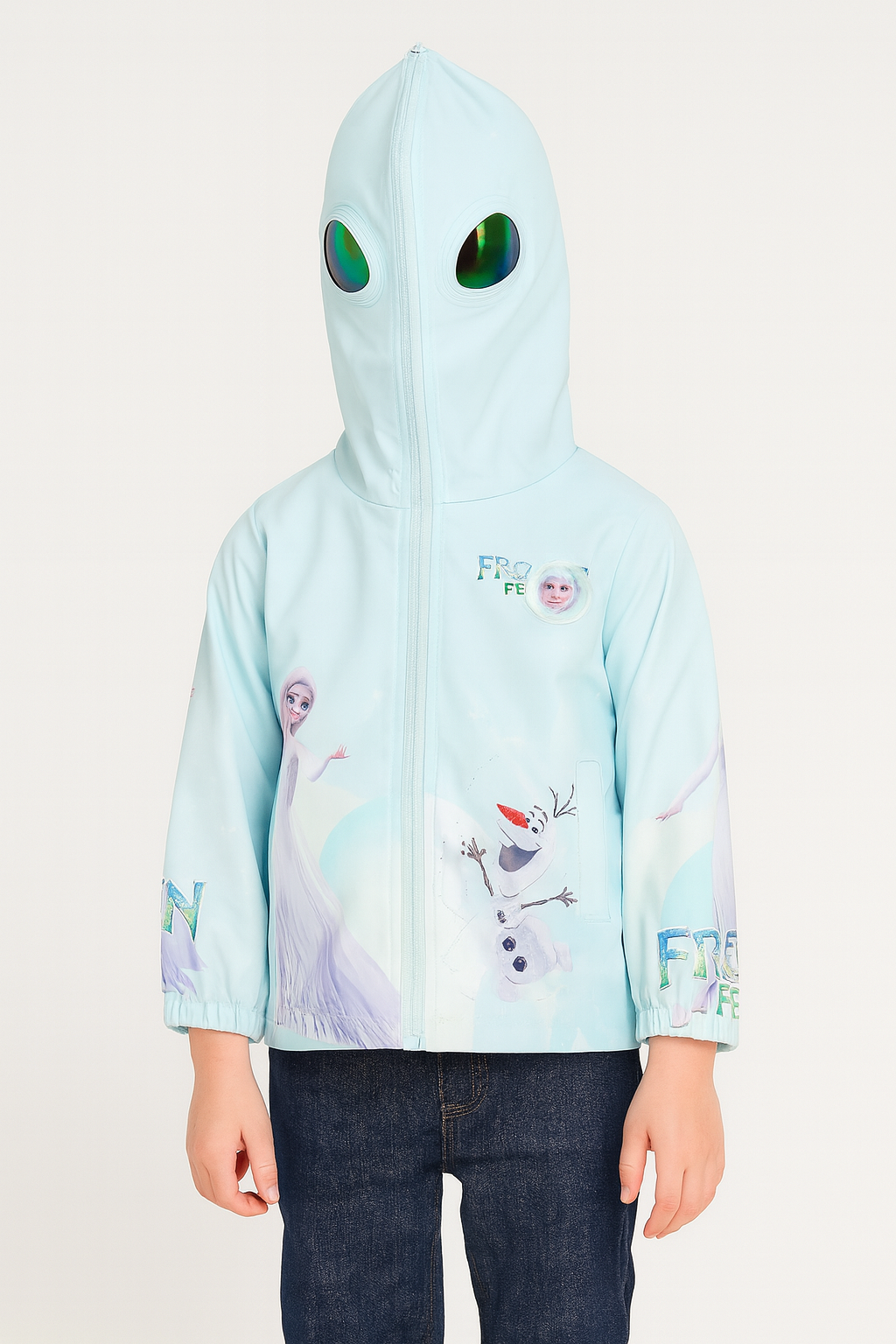 Girls aqua blue Frozen Fever hooded jacket with full zip face cover design, stylish winter jacket for kids