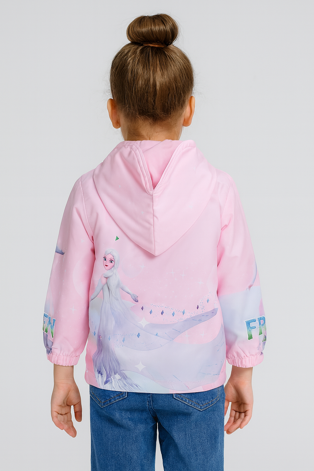 Back view of girls pink hooded winter jacket with Frozen Fever character print, lightweight kids jacket