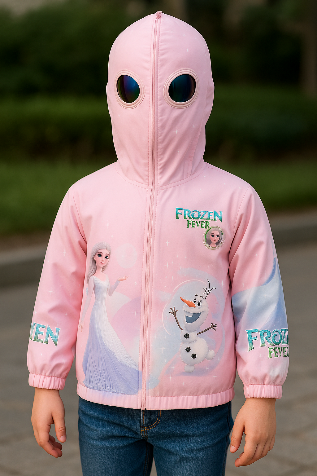 Girls pink Frozen Fever hooded jacket with full zip face cover design, stylish winter jacket for kids