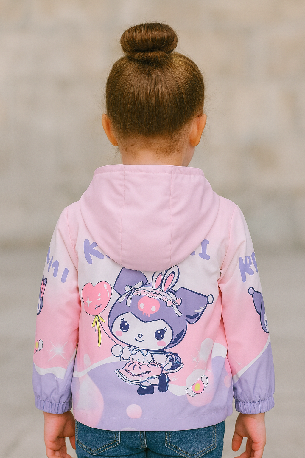 girls pink hooded winter jacket with cute cartoon print, lightweight kids zip-up jacket by Faryra