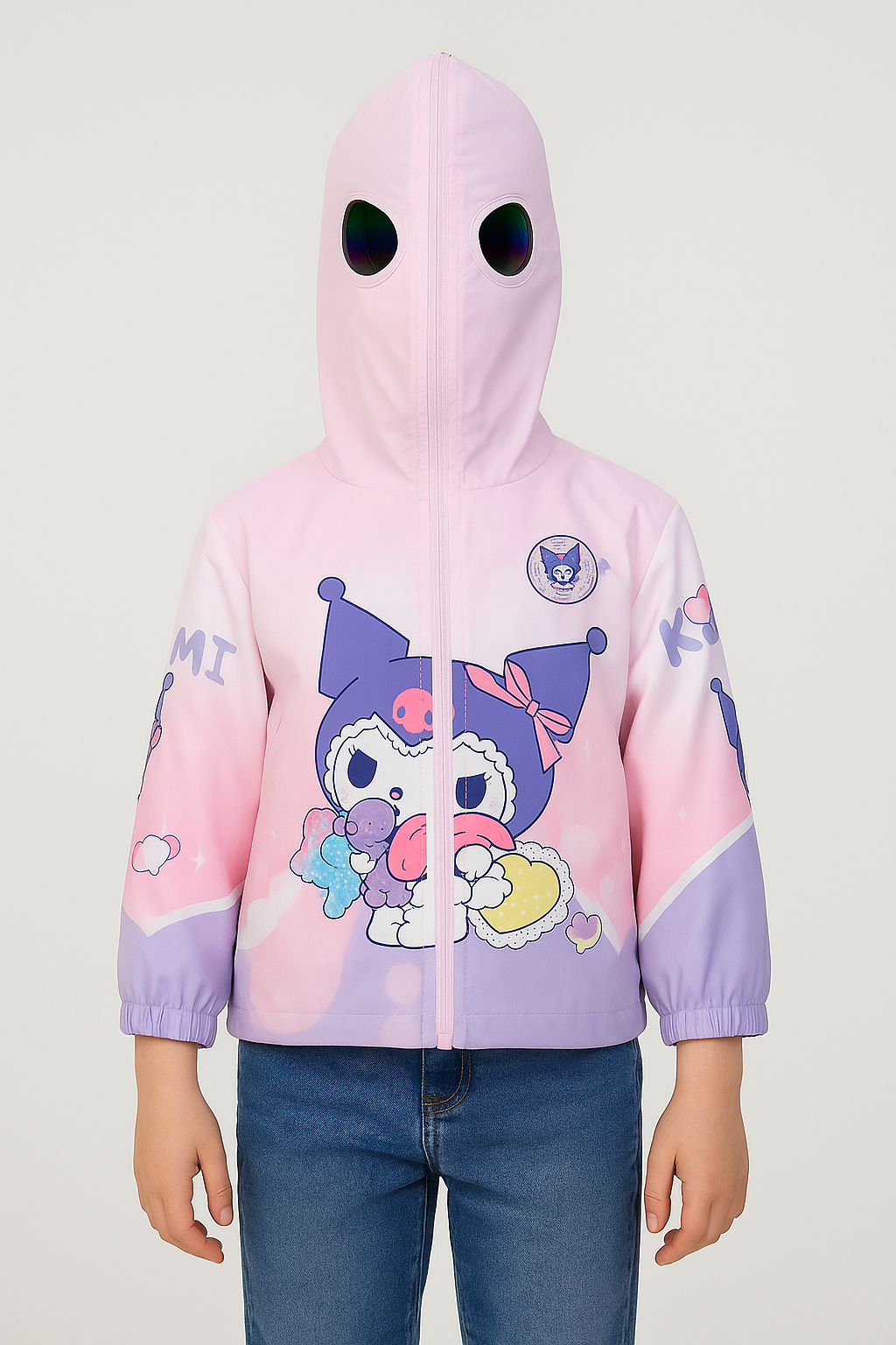 Girls pink cartoon print hooded jacket with full zip face cover design, stylish winter jacket for kids by Faryra