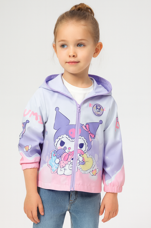 Girls pastel hooded winter jacket with cartoon print, front view kids zip-up jacket in lavender and pink by Faryra