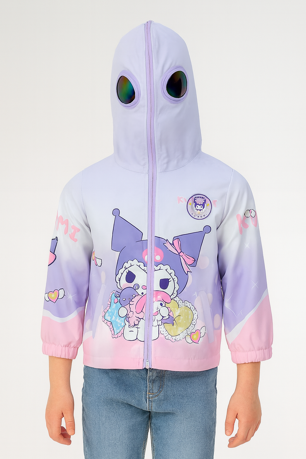 Girls cartoon print hooded jacket with full zip hood design, stylish pastel winter jacket for kids by Faryra