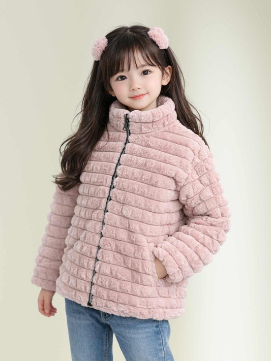 plush winter jacket with zip closure and high neck, warm kids winter wear