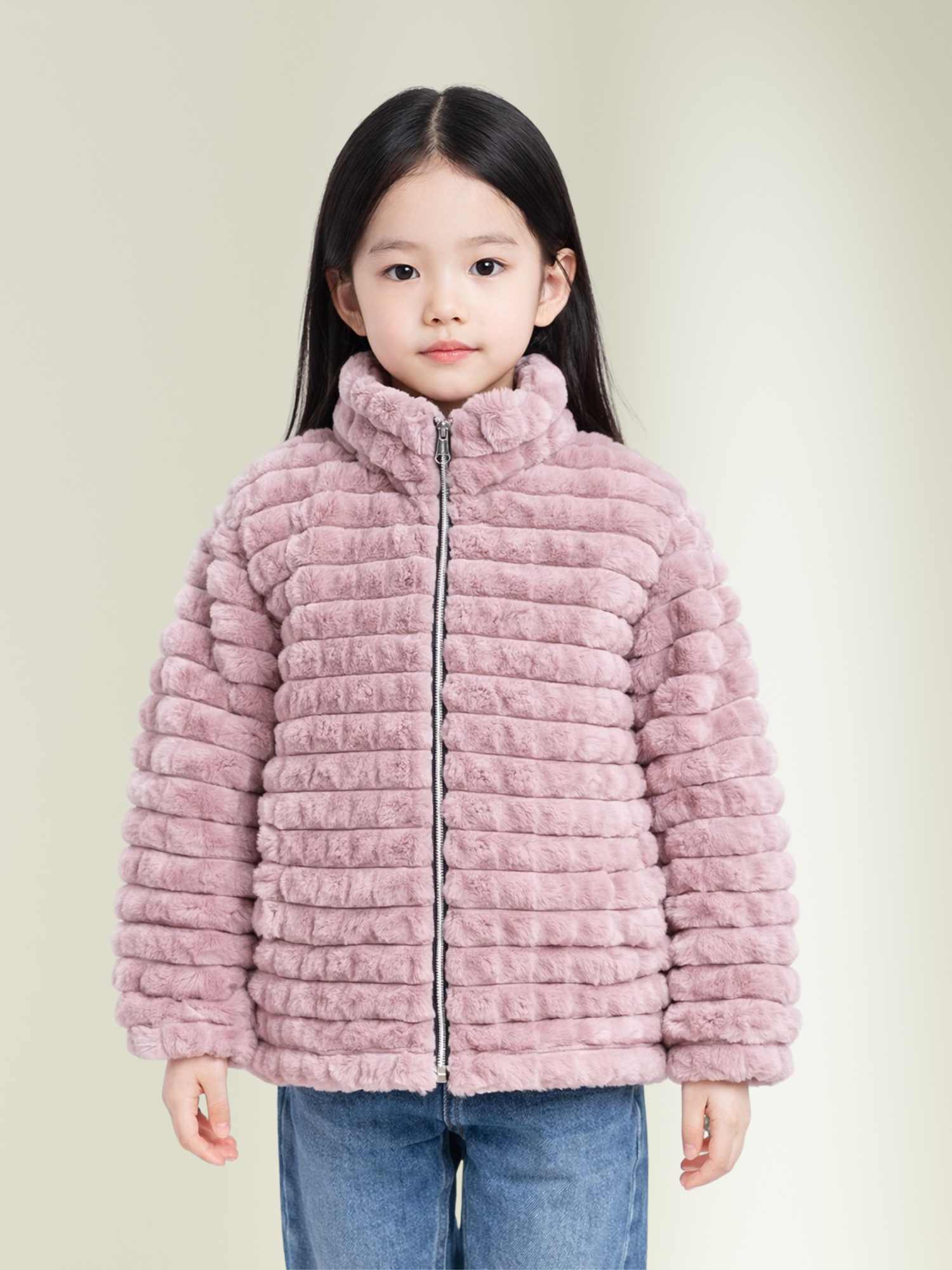 plush winter jacket with front zip closure and high neck, warm winter jacket for kids