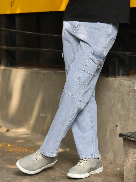 light grey washed denim jeans with straight fit and modern style