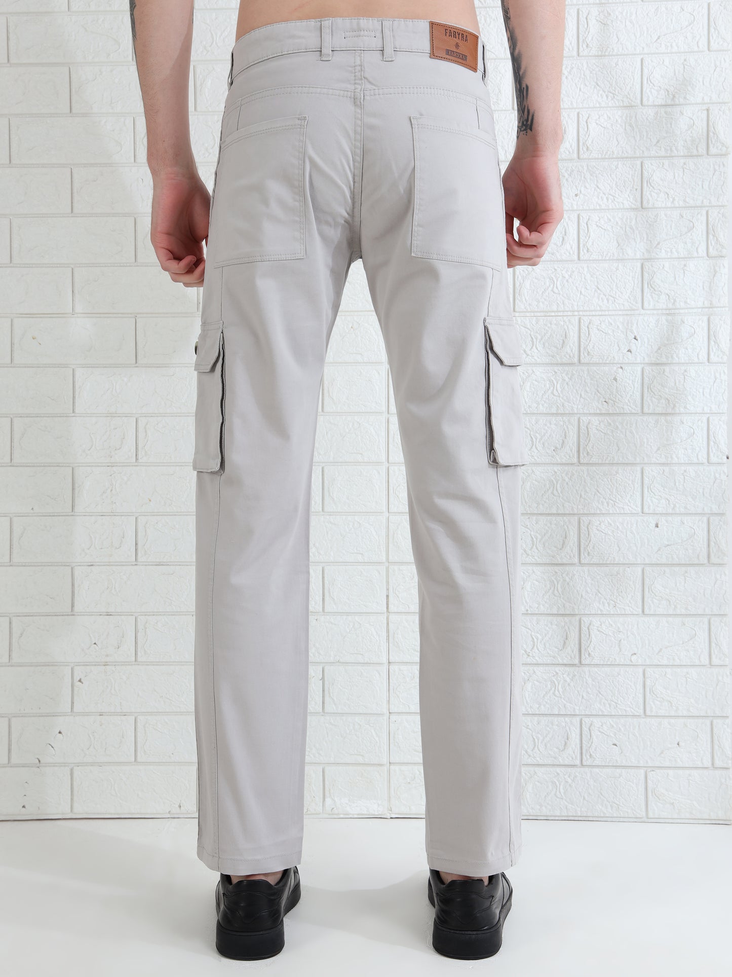 Men's light grey cotton cargo pants with side flap pockets and straight fit