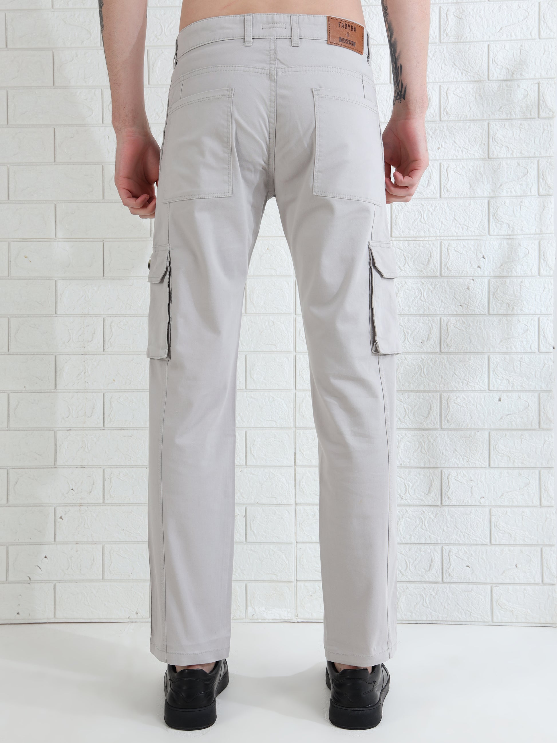 Men's light grey cotton cargo pants with side flap pockets and straight fit