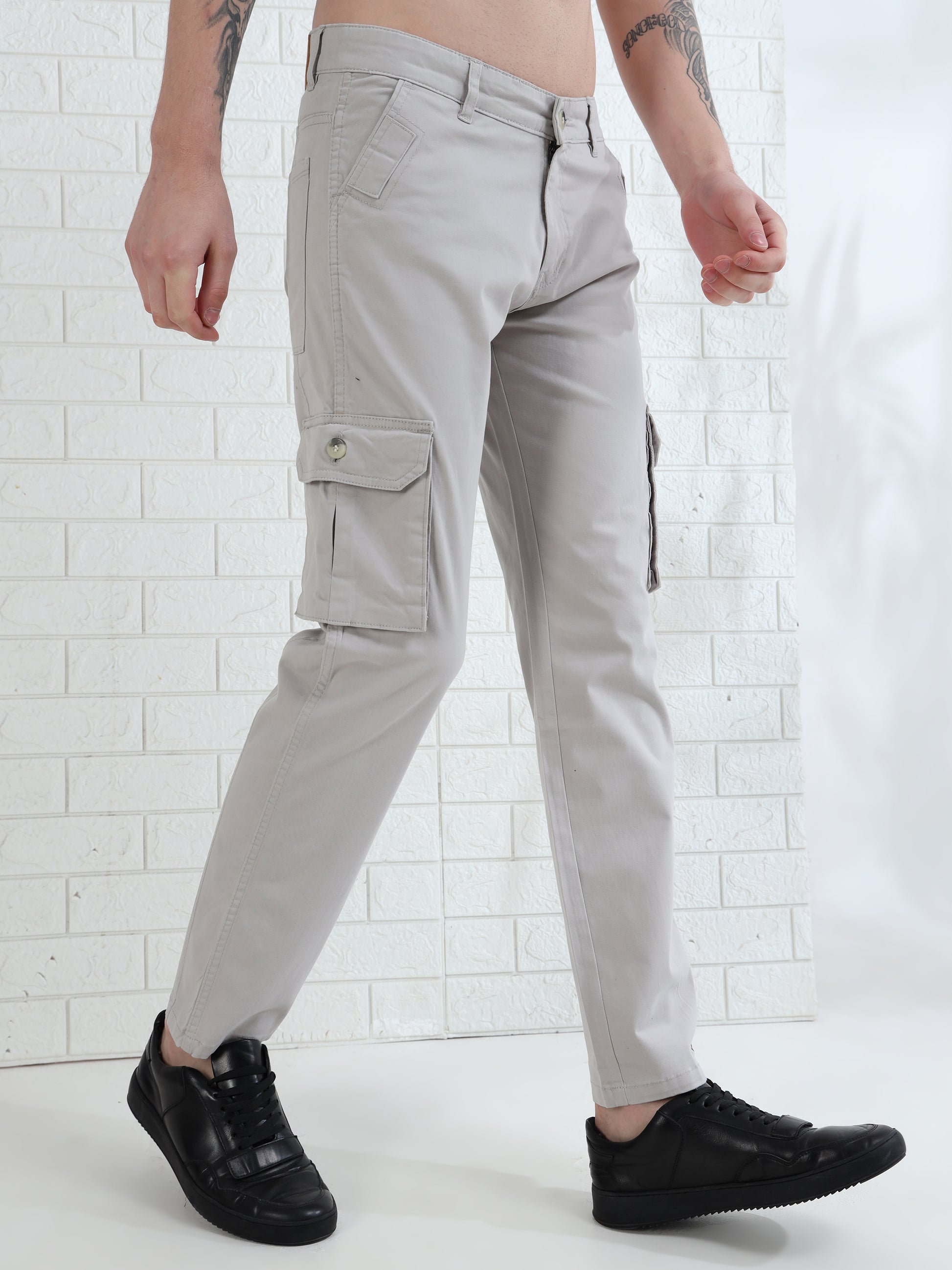 Trendy men's cotton cargos with flap pockets and clean minimal design