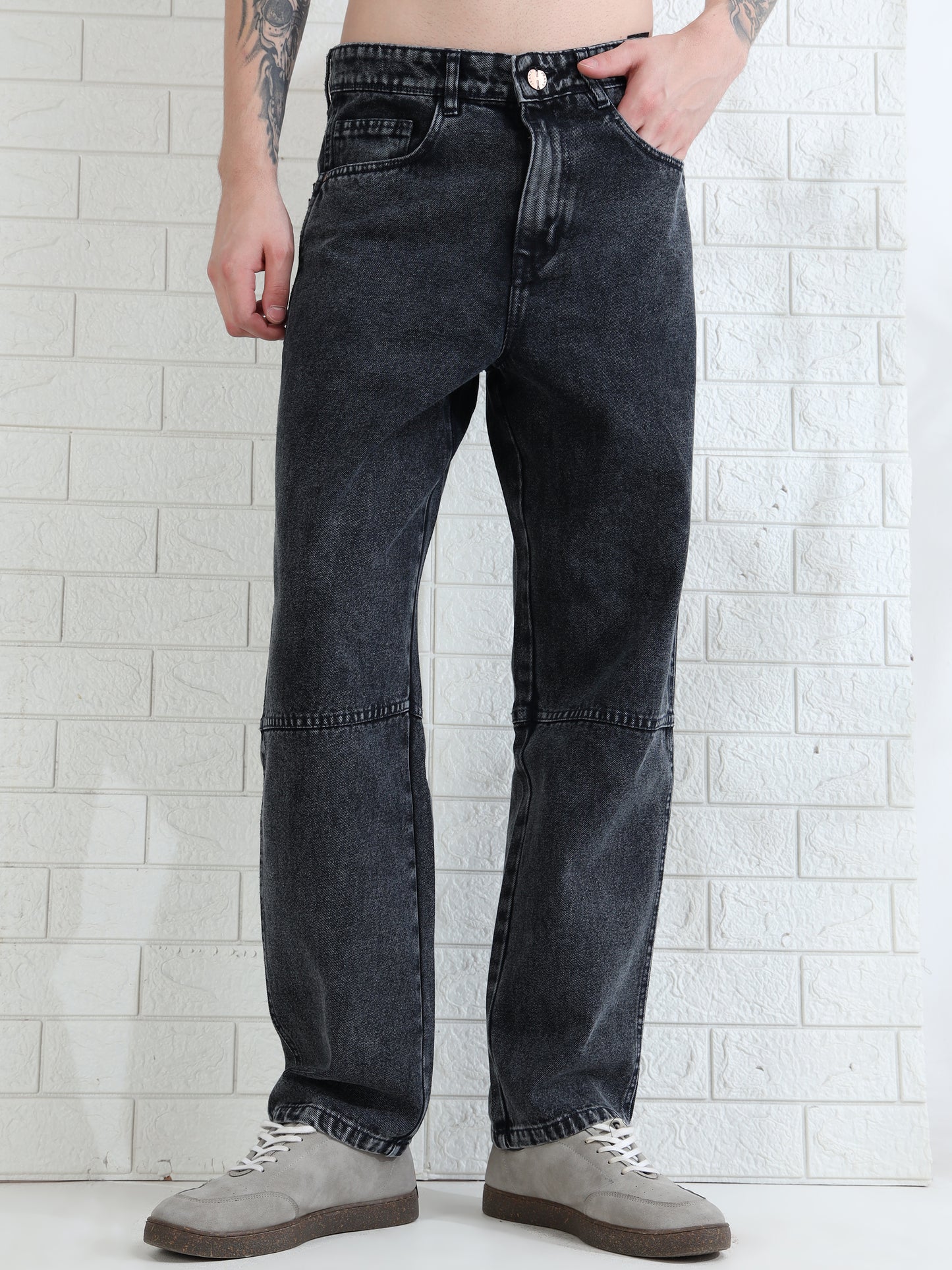 Men's black washed denim jeans with straight fit and modern casual style