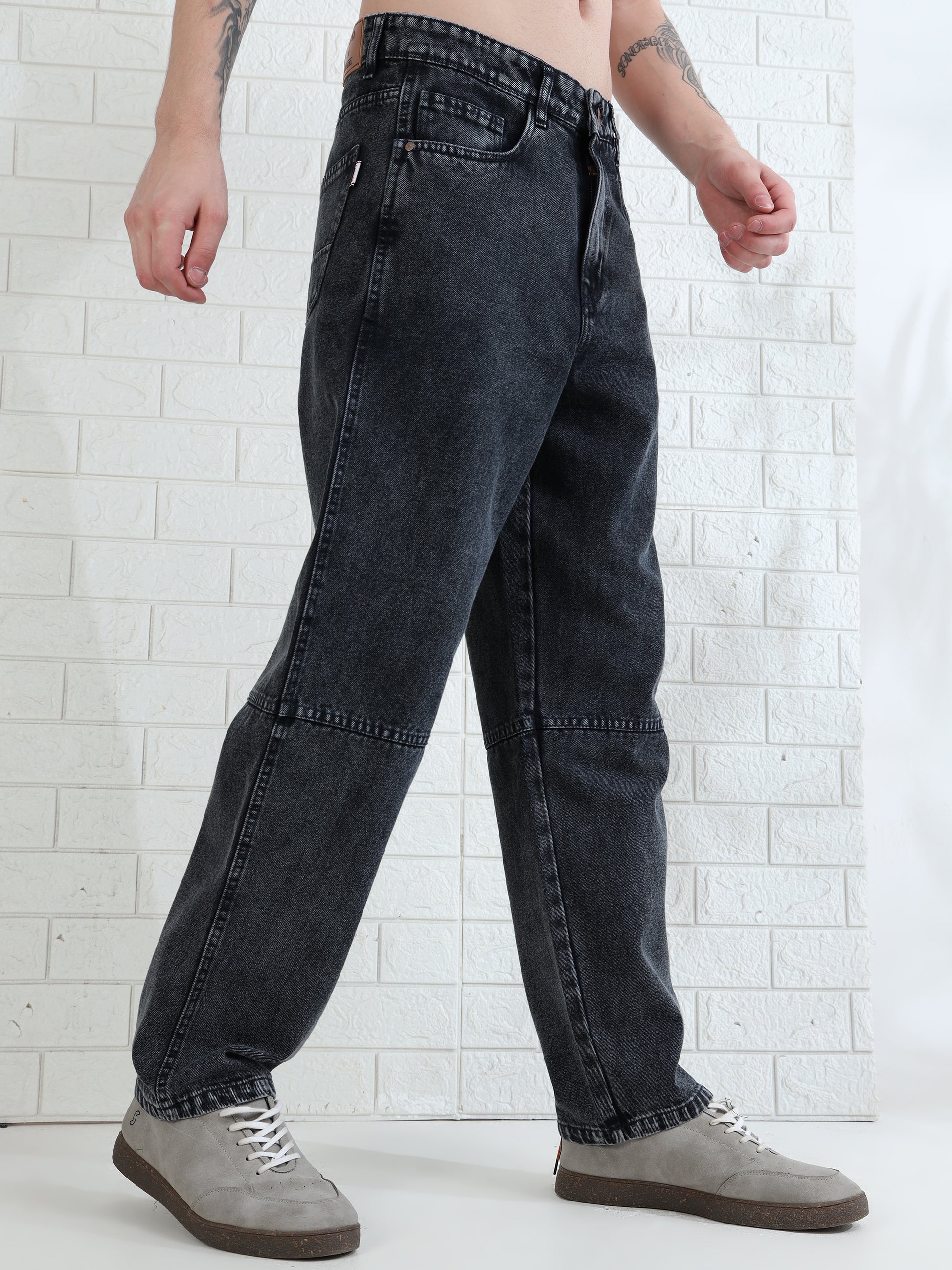 Trendy men's black denim pants with classic five pocket design