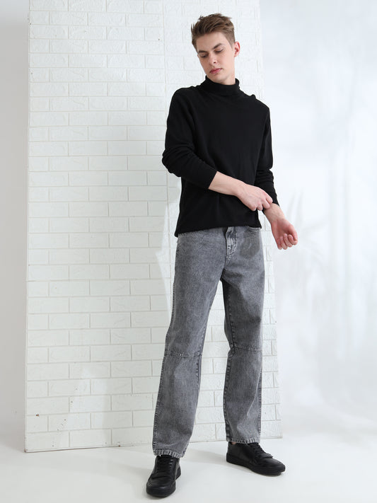 Mens light grey washed denim jeans with straight fit and modern style