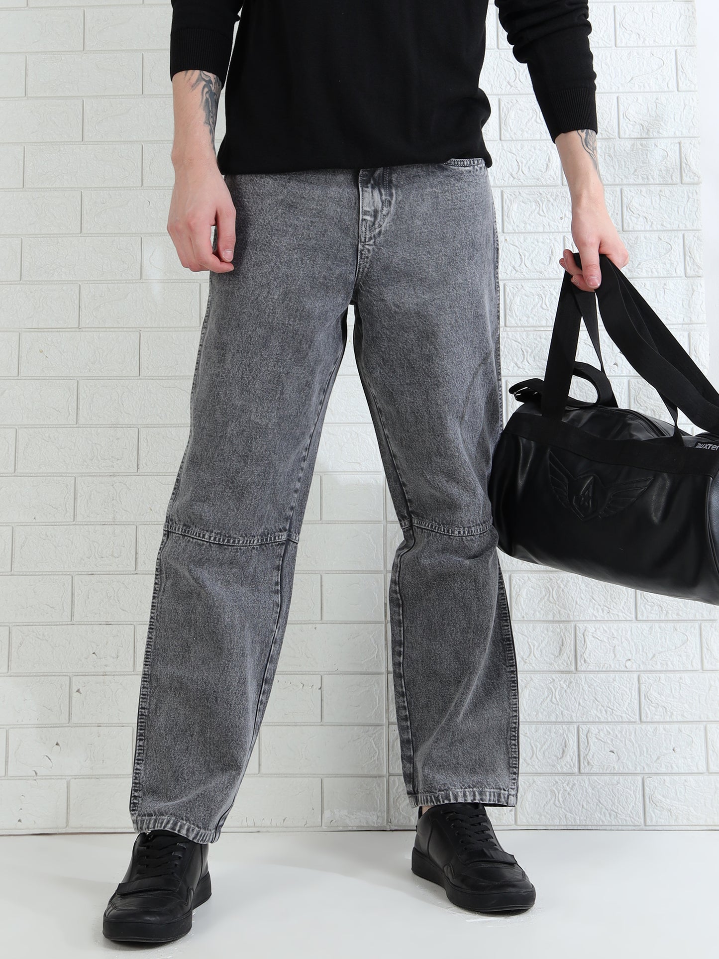 Trendy men's grey denim pants with classic five pocket design