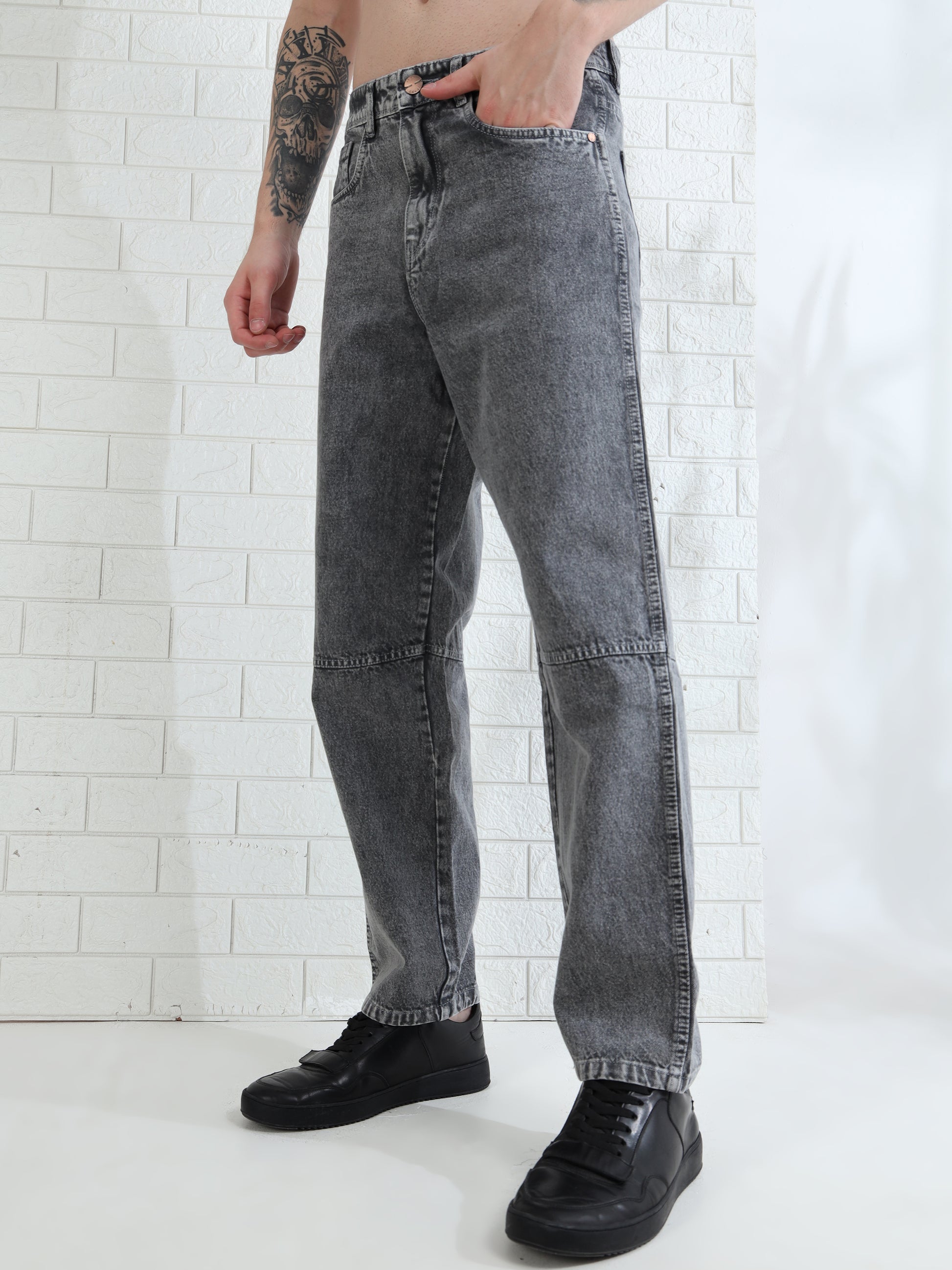 Fashionable men's straight leg grey jeans with subtle fade detailing