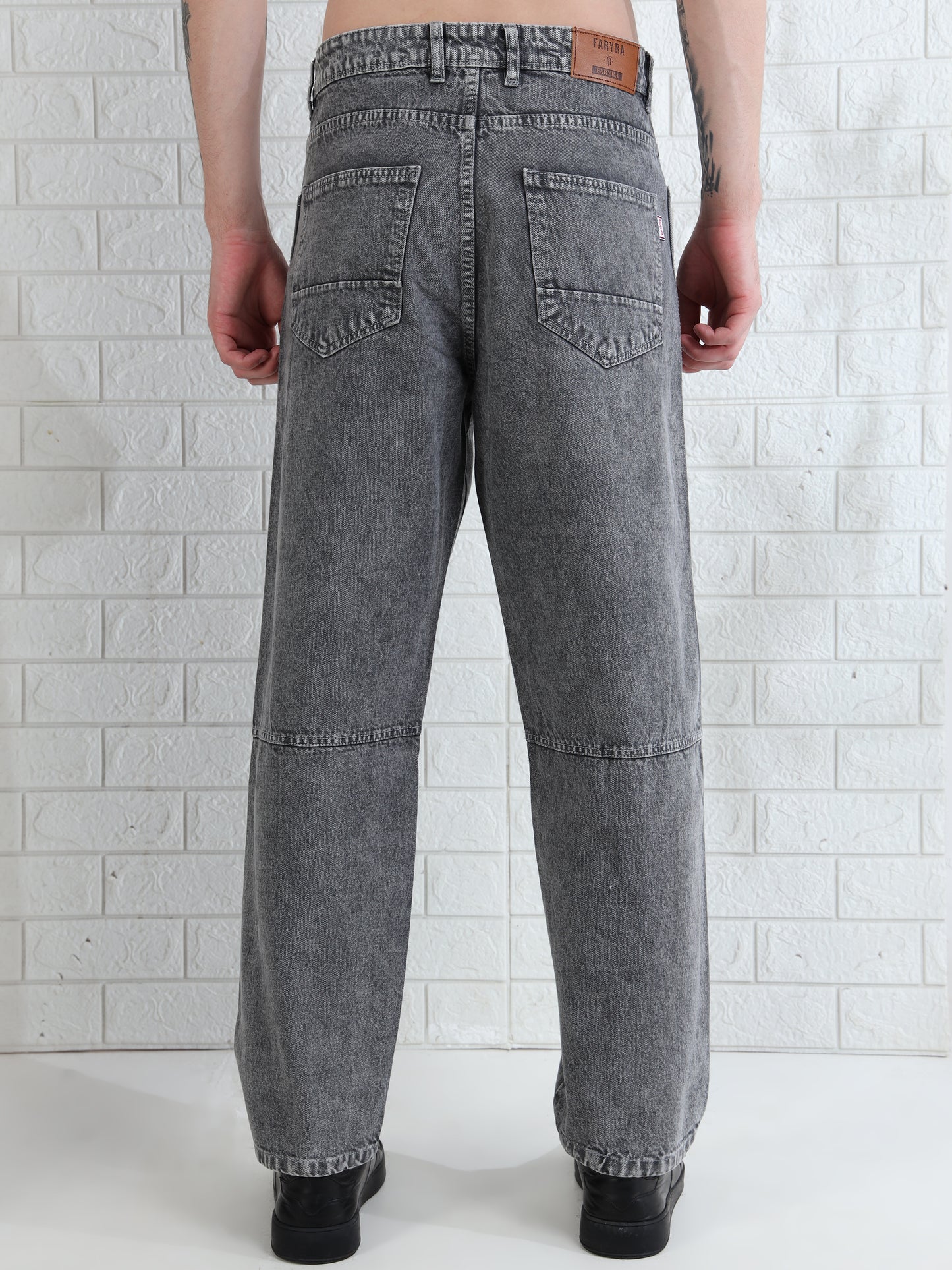 light grey washed denim jeans with straight fit and modern style