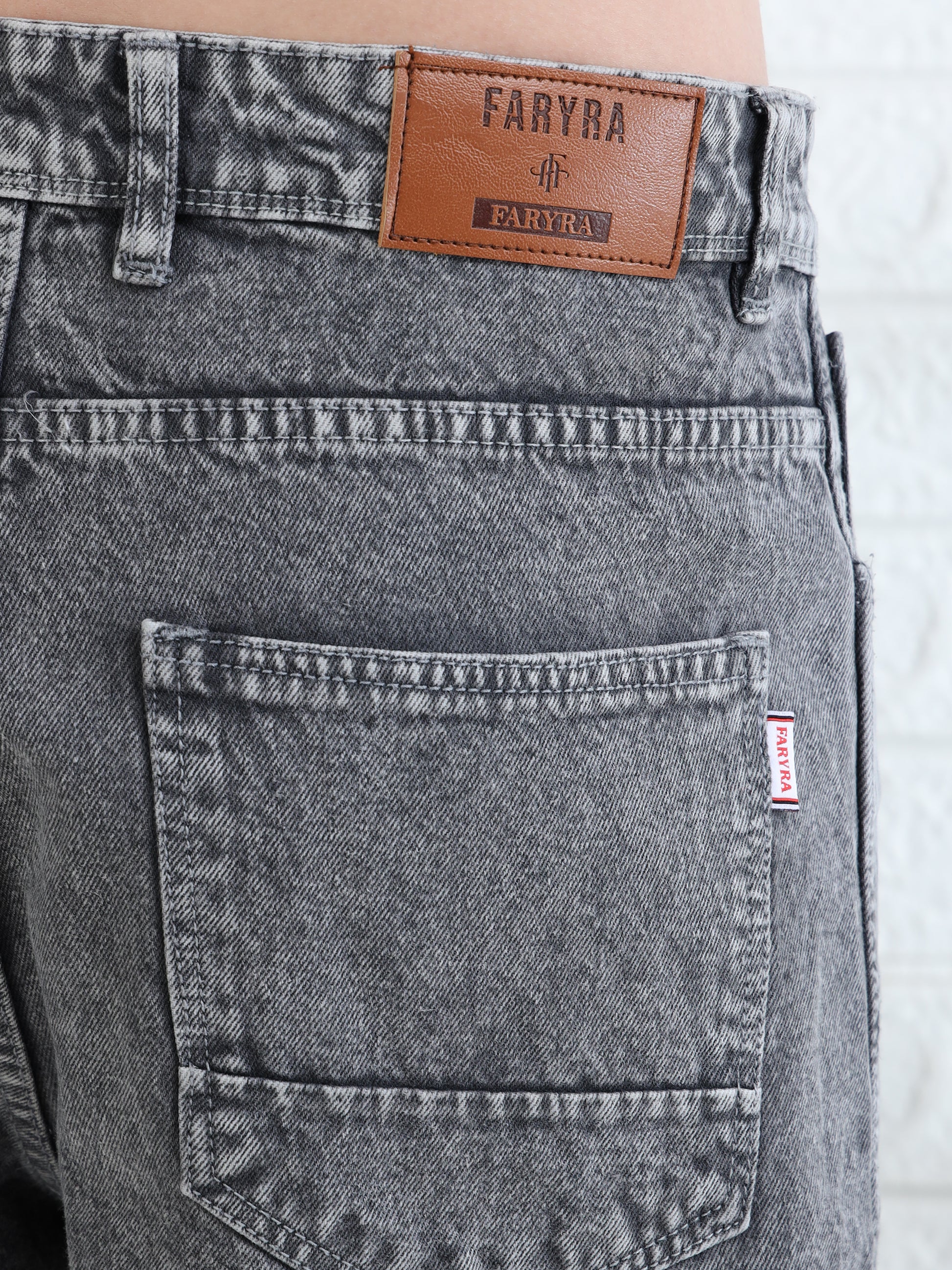 Trendy men's grey denim pants with classic five pocket design