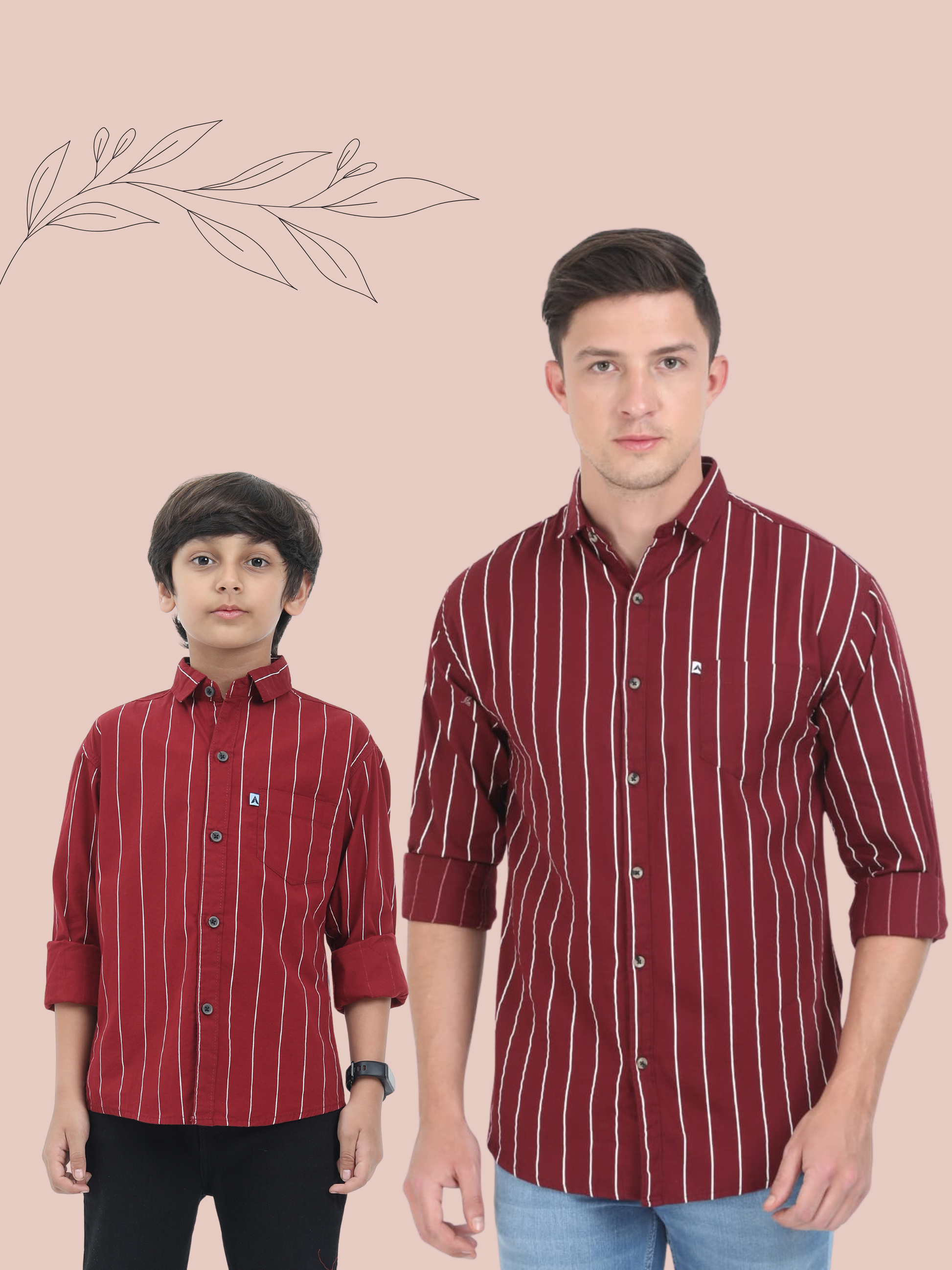 Two individuals wearing matching red striped shirts on a beige background