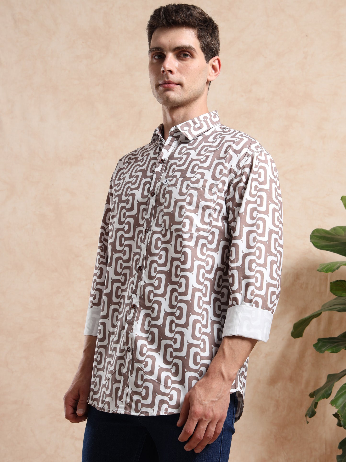 Men, slim-fit ash grey shirt with retro geometric pattern, casual yet classy style.